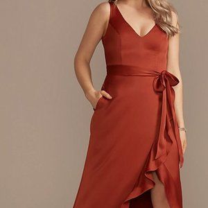 David's Bridal Crepe Satin Ruffle High Low Bridesmaid Dress in Cinnamon